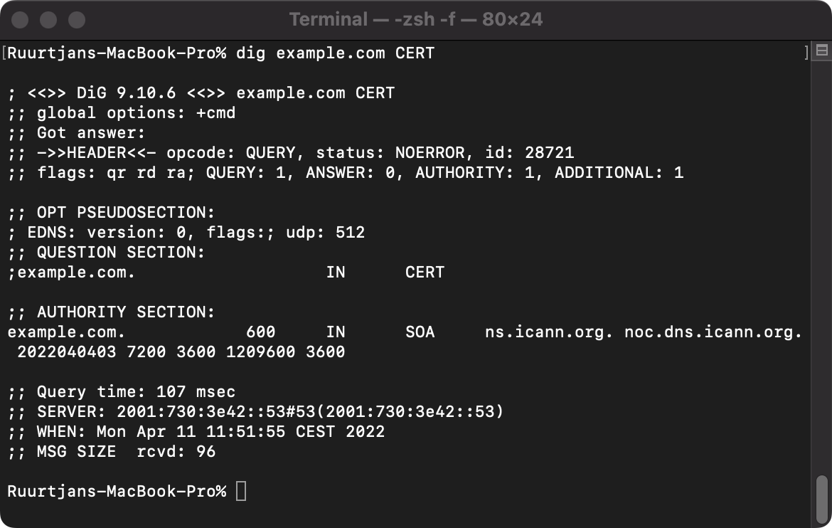 Example output of a CERT lookup query