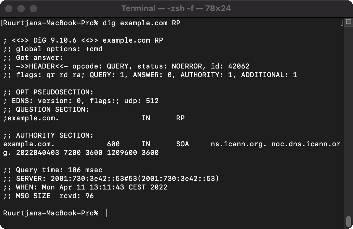 Example output of a RP lookup query