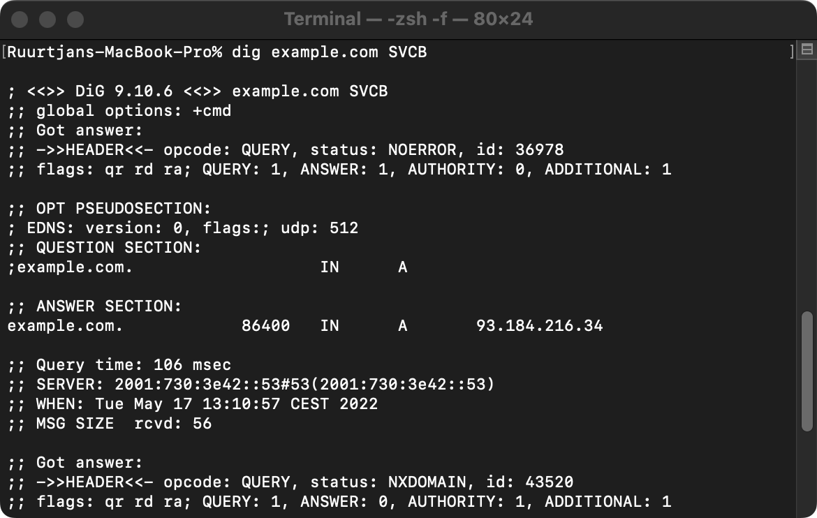 Example output of a SVCB lookup query